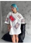 Unisex Kilim Desen Baskılı T-Shirt - Beyaz