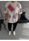 Unisex Kilim Desen Baskılı T-Shirt - Beyaz