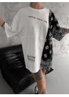 Unisex Parçalı ve Baskılı Oversize T-Shirt - Beyaz