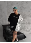 Unisex Parçalı ve Baskılı Oversize T-Shirt - Siyah