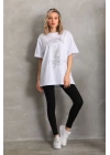 Unisex Taş Desenli Oversize T-Shirt - Beyaz