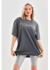 Unisex Taş Desenli Oversize T-Shirt - Füme