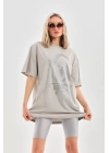 Unisex Taş Desenli Oversize T-Shirt - Gri