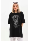 Unisex Taş Desenli Oversize T-Shirt - Siyah