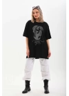 Unisex Taş Desenli Oversize T-Shirt - Siyah