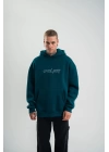 Unisex Üç İplik Kapşonlu Nakışlı SweatShirt - Koyu Deniz Yeşili