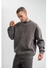 Unisex Uzun Kol Bisiklet Yaka Yıkamalı SweatShirt - Füme