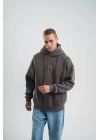 Unisex Uzun Kol Kapşonlu Yıkamalı Nakışlı SweatShirt - Füme