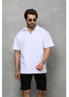 Unisex Yarım Fermuarlı Düz Oversize T-shirt - Beyaz