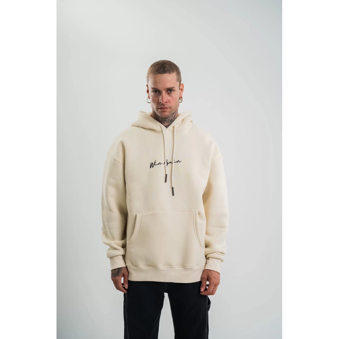 Erkek Kapşonlu Double Oversize Dijital Patchli SweatShirt - Krem