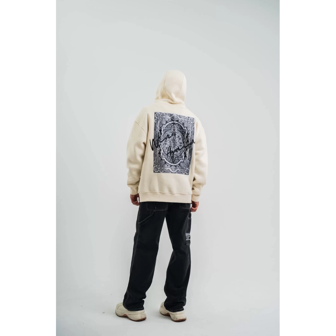 Erkek Kapşonlu Double Oversize Dijital Patchli SweatShirt - Krem