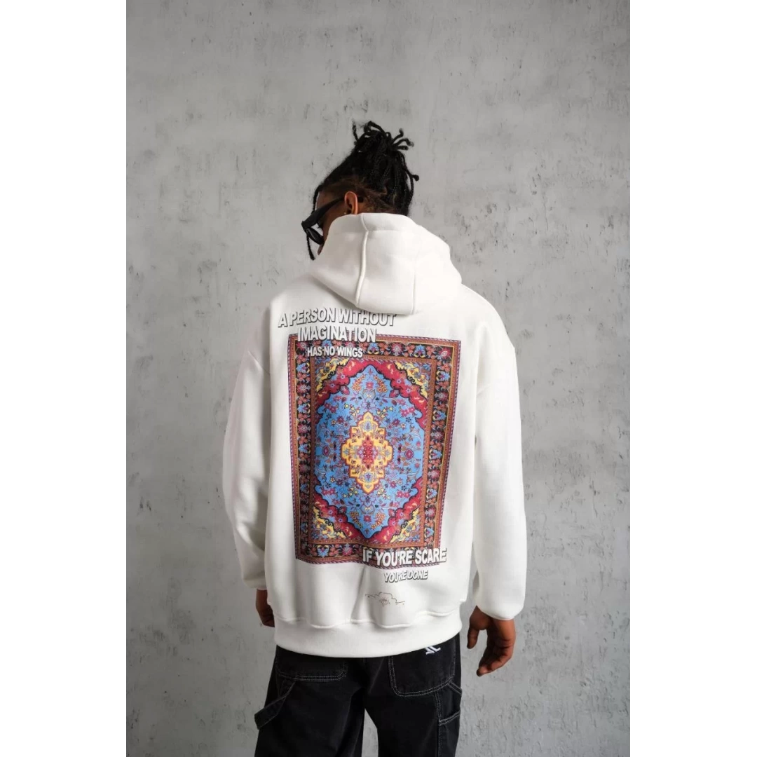 Erkek Kilim Desen Kapüşonlu Sweat- Beyaz