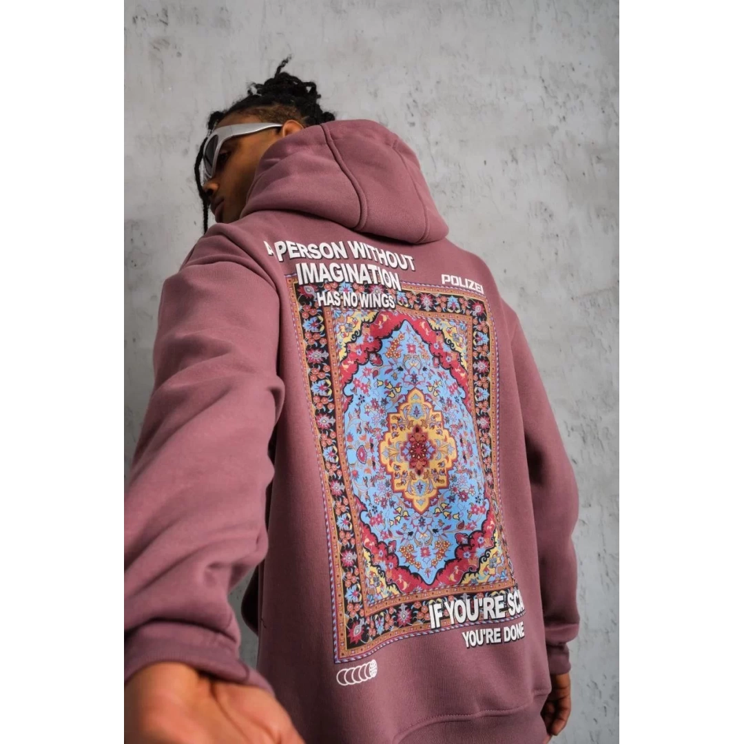 Erkek Kilim Desen Kapüşonlu Sweat - Gül Kurusu