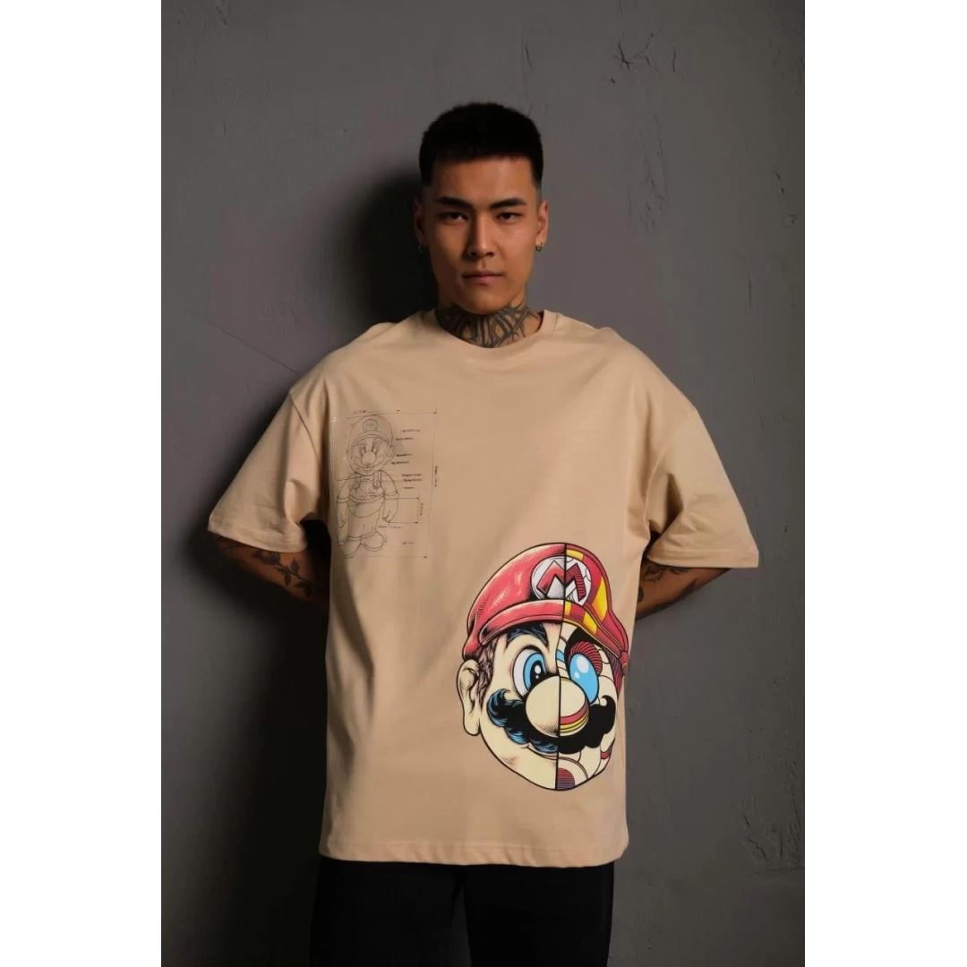 Erkek Mario Baskılı Oversize T-Shirt - Bej