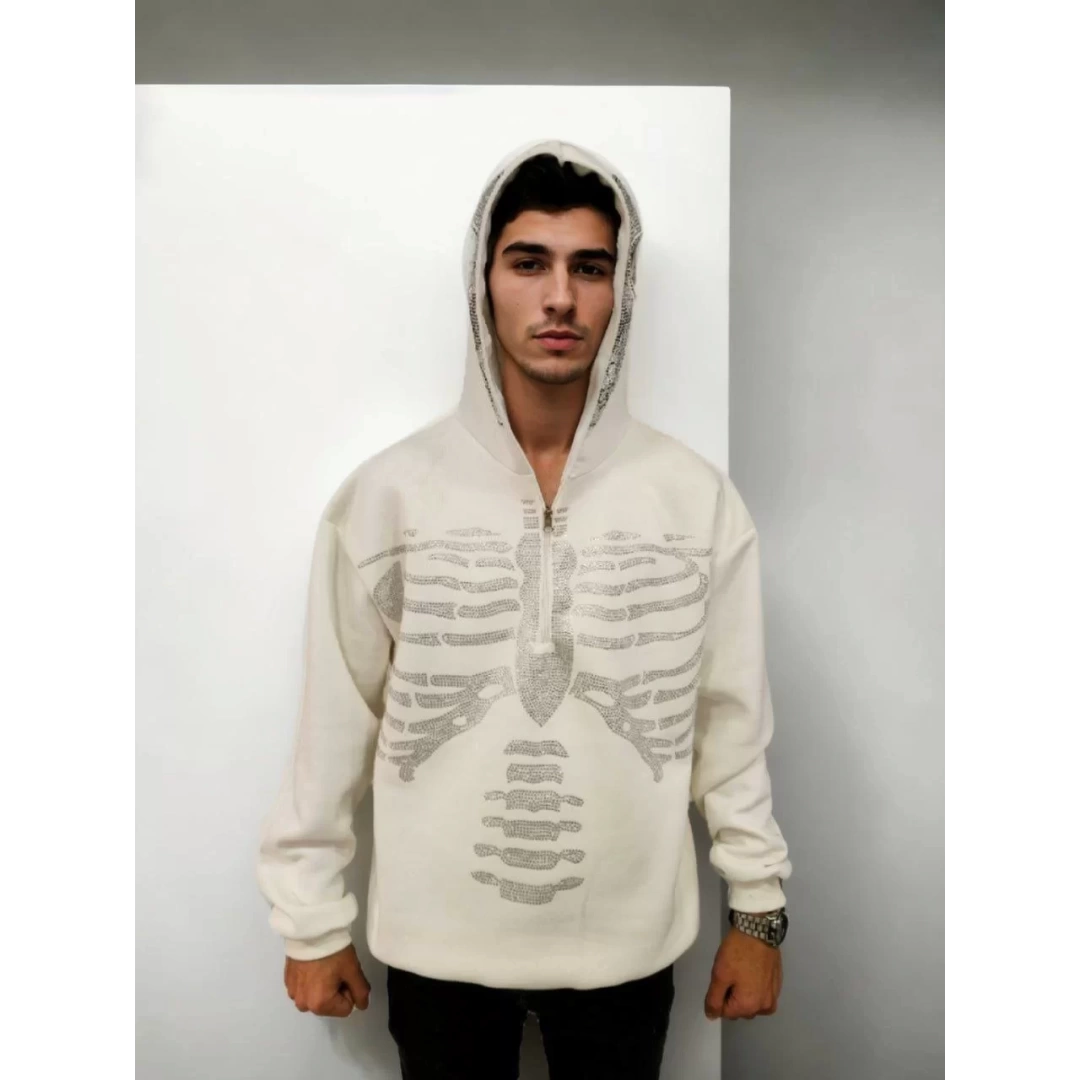 Erkek Taşlı Zip Kapüşonlu Sweatshirt - Beyaz