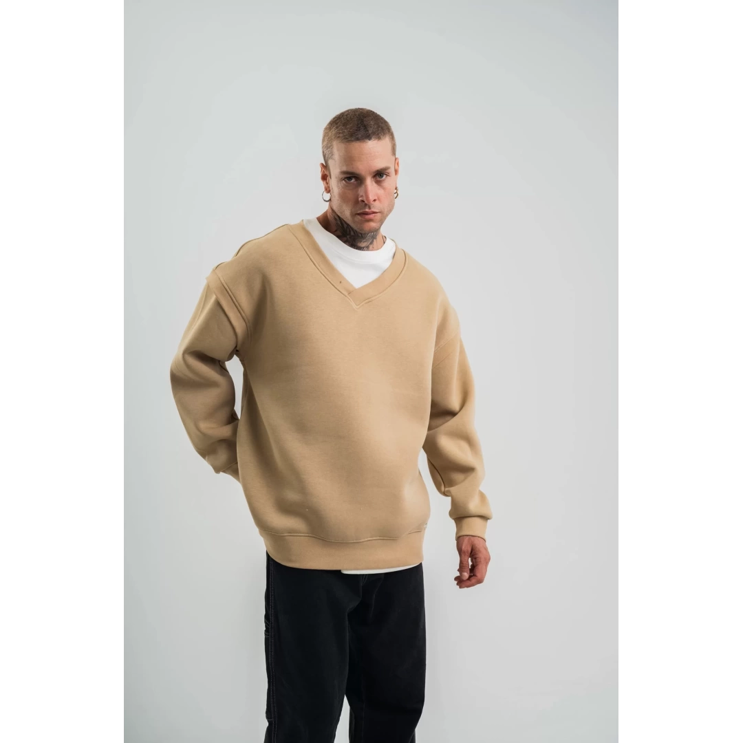 Geniş V yaka Kol Ribana Detaylı SweatShirt - Bej