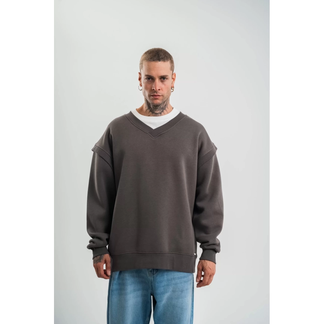 Geniş V yaka Kol Ribana Detaylı SweatShirt - Füme