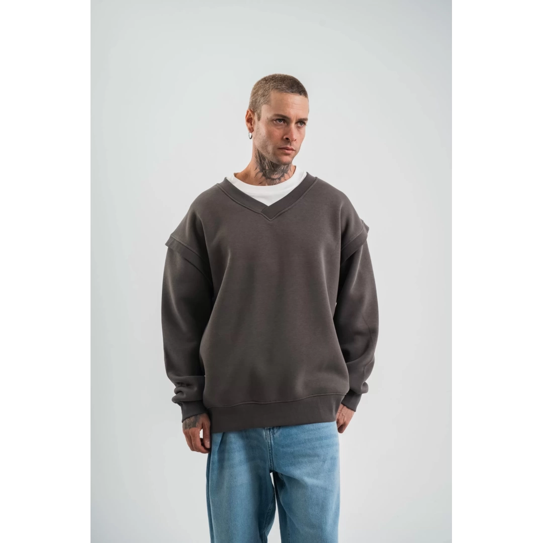 Geniş V yaka Kol Ribana Detaylı SweatShirt - Füme