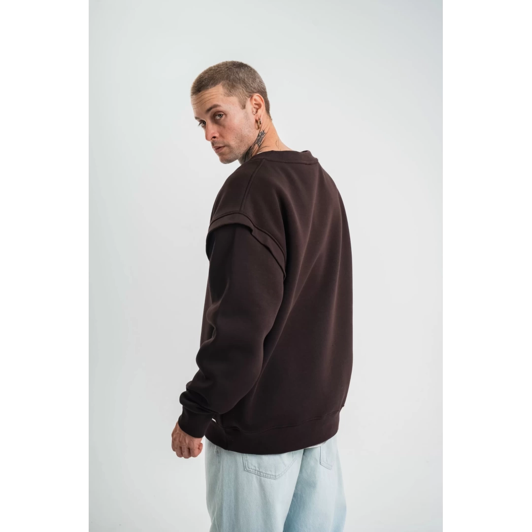 Geniş V yaka Kol Ribana Detaylı SweatShirt - Kahve