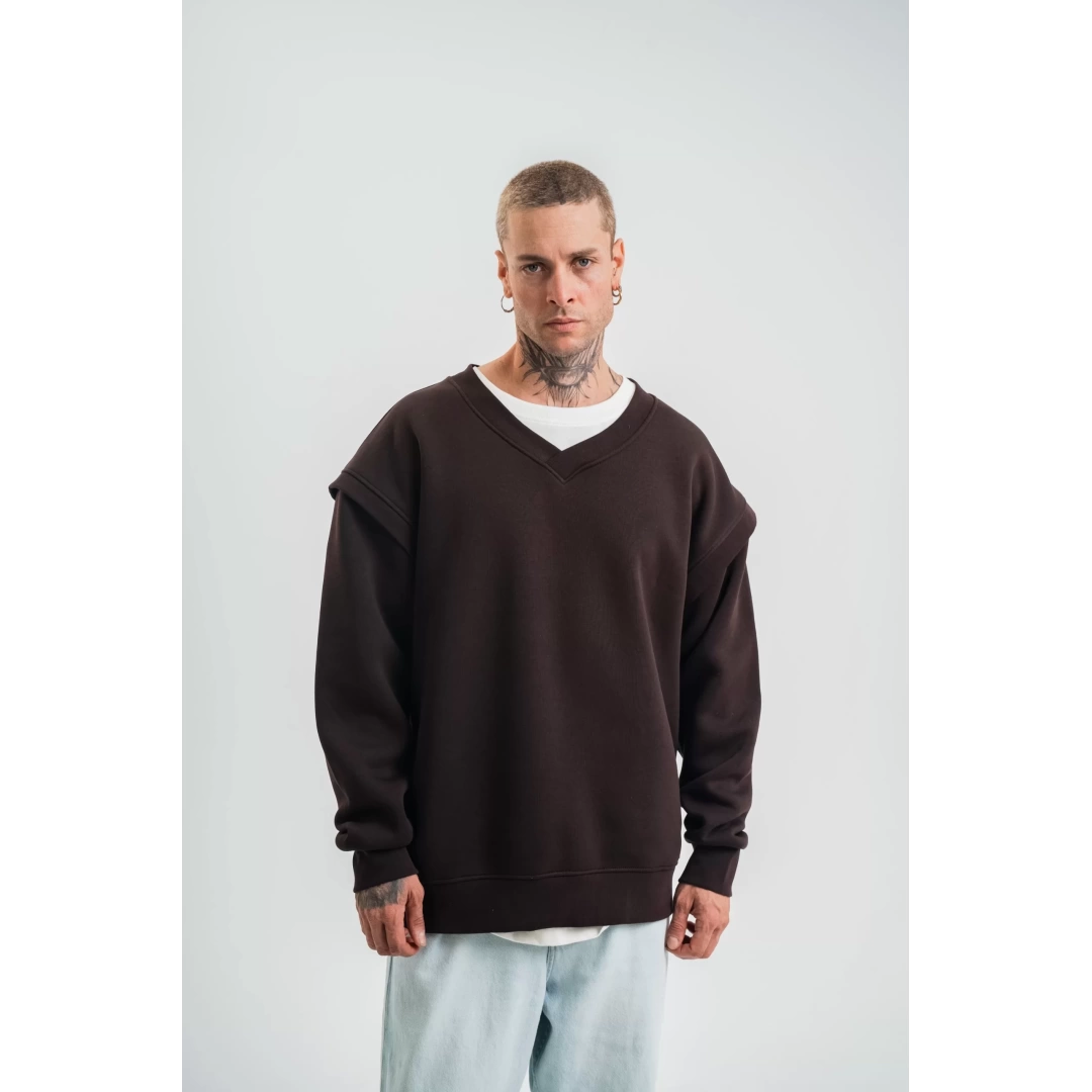 Geniş V yaka Kol Ribana Detaylı SweatShirt - Kahve