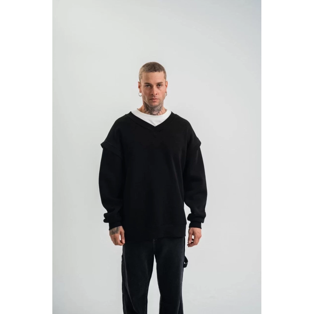 Geniş V yaka Kol Ribana Detaylı SweatShirt - Siyah