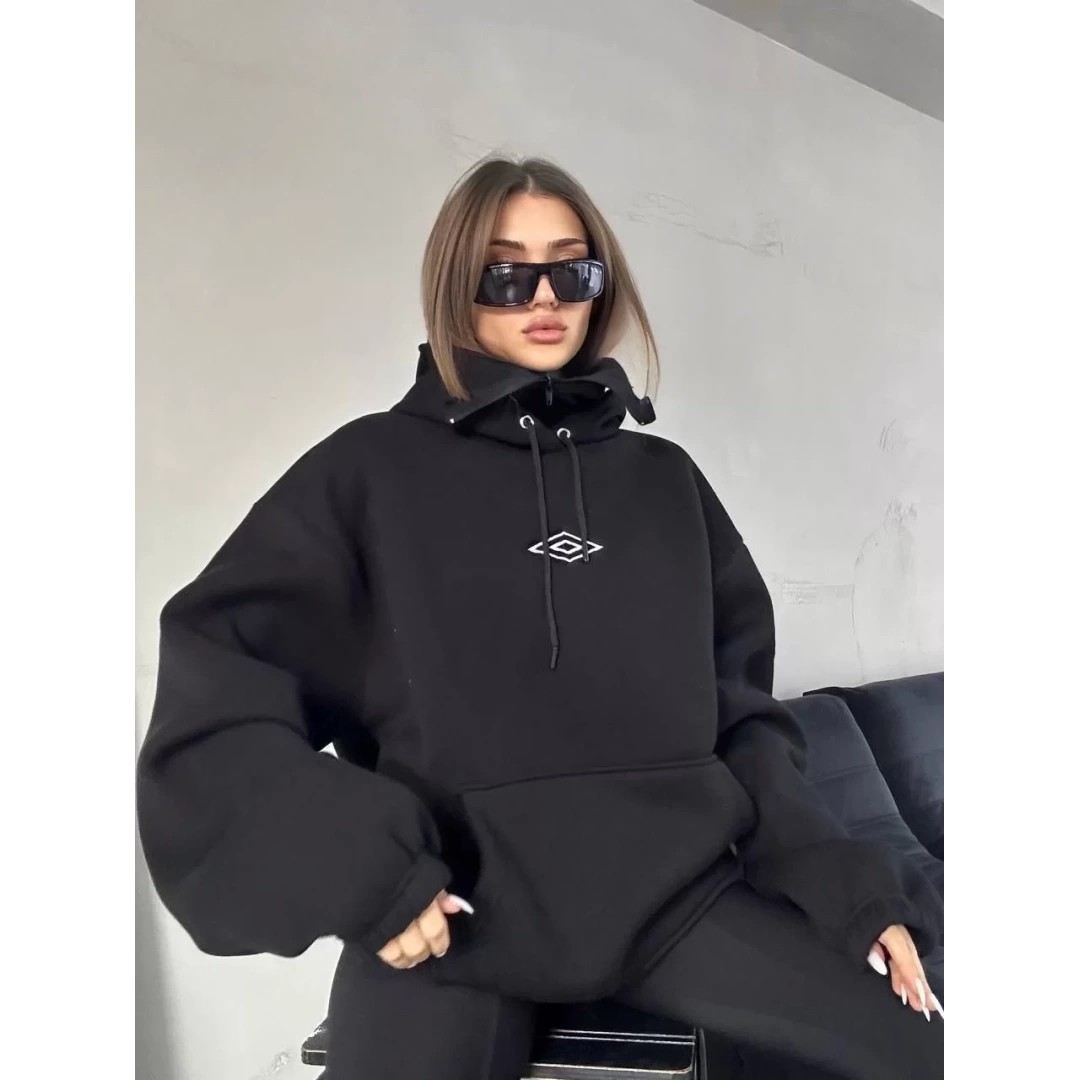 Kadın Çift Kapüşonlu Maskeli Fermuarlı Sweatshirt - Siyah