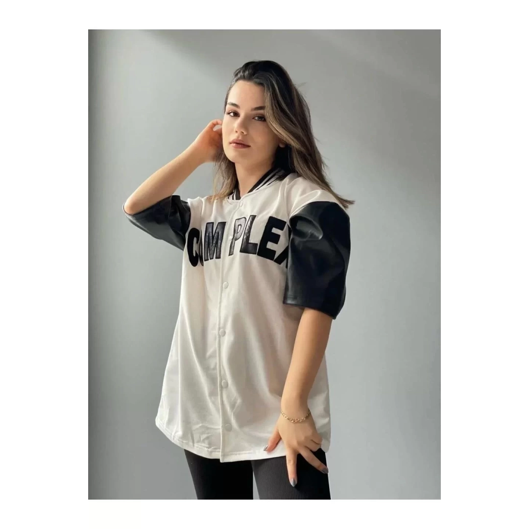 Kadın Complex Kolları Deri Kolej Oversize T-shirt - Beyaz