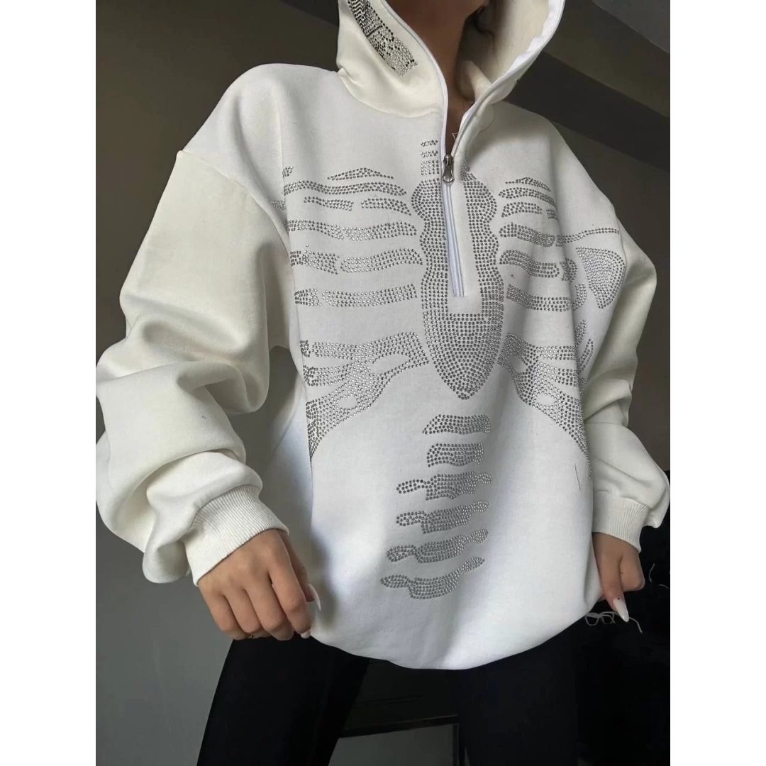 Kadın Taşlı Zip Kapüşonlu Sweatshirt - Beyaz