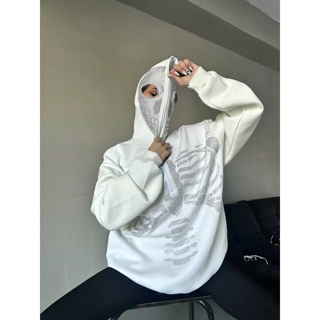 Kadın Taşlı Zip Kapüşonlu Sweatshirt - Beyaz