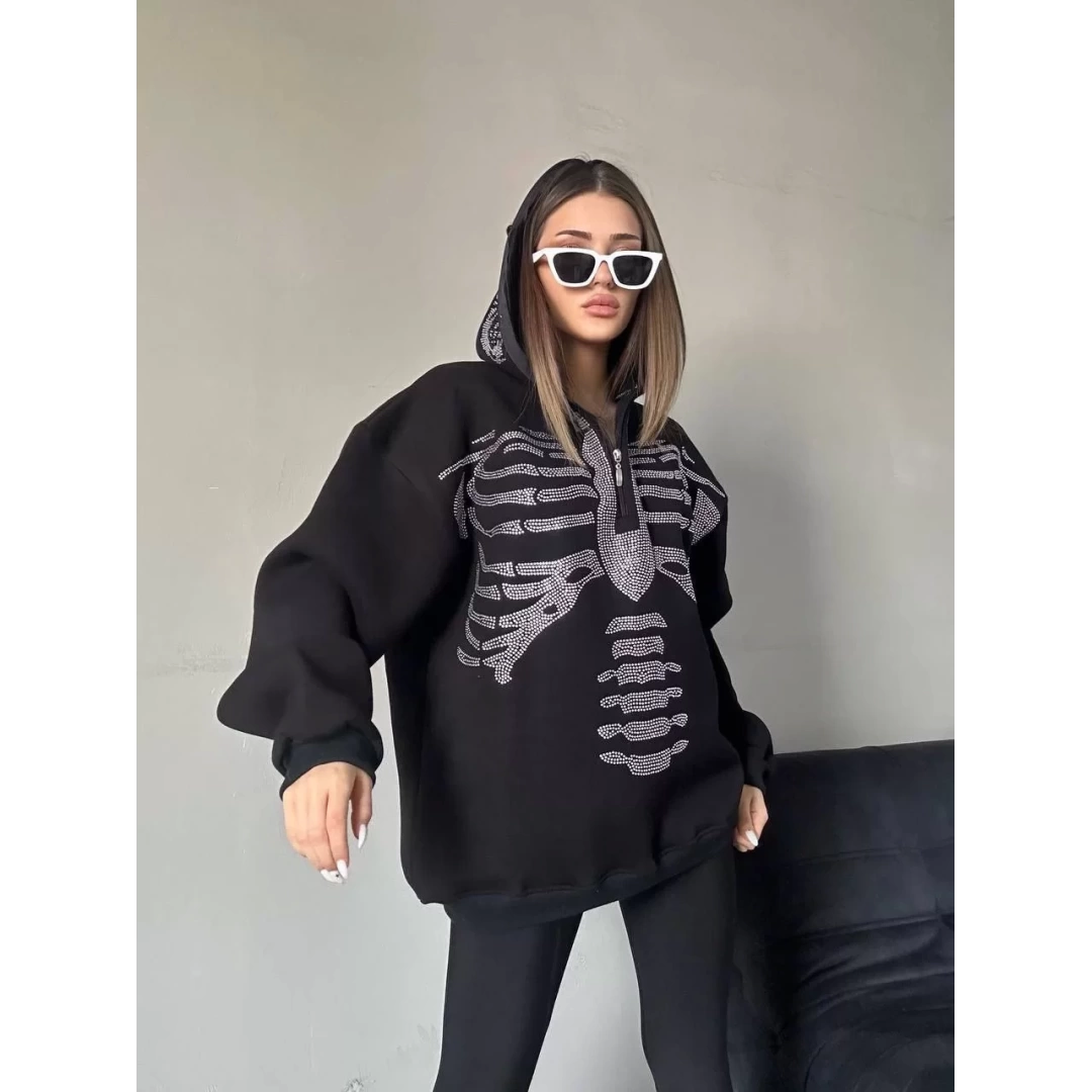 Kadın Taşlı Zip Kapüşonlu Sweatshirt - Siyah