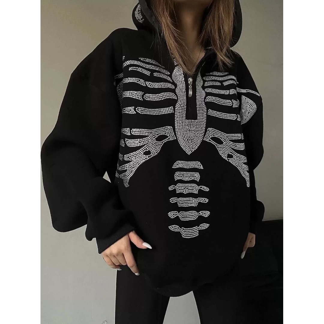 Kadın Taşlı Zip Kapüşonlu Sweatshirt - Siyah