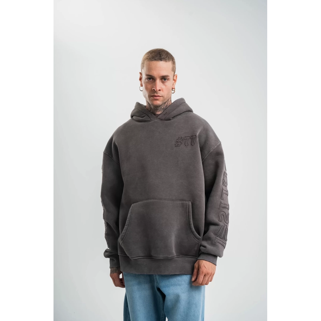 Kapşonlu Double Oversize Yıkamalı Evalı Nakışlı SweatShirt - Füme