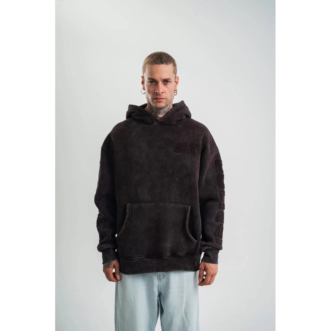 Kapşonlu Double Oversize Yıkamalı Evalı Nakışlı SweatShirt - Kahve