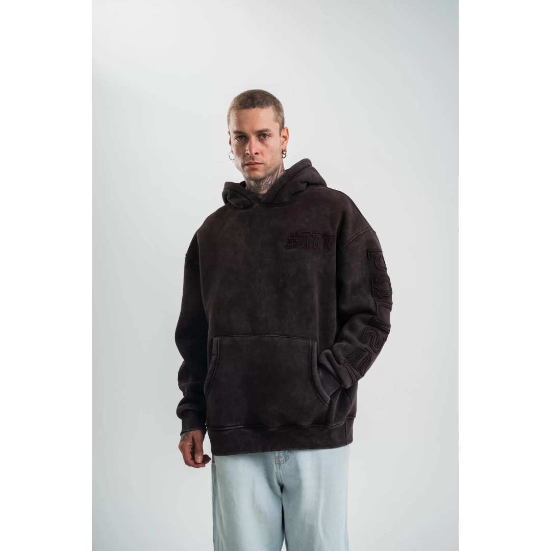 Kapşonlu Double Oversize Yıkamalı Evalı Nakışlı SweatShirt - Kahve