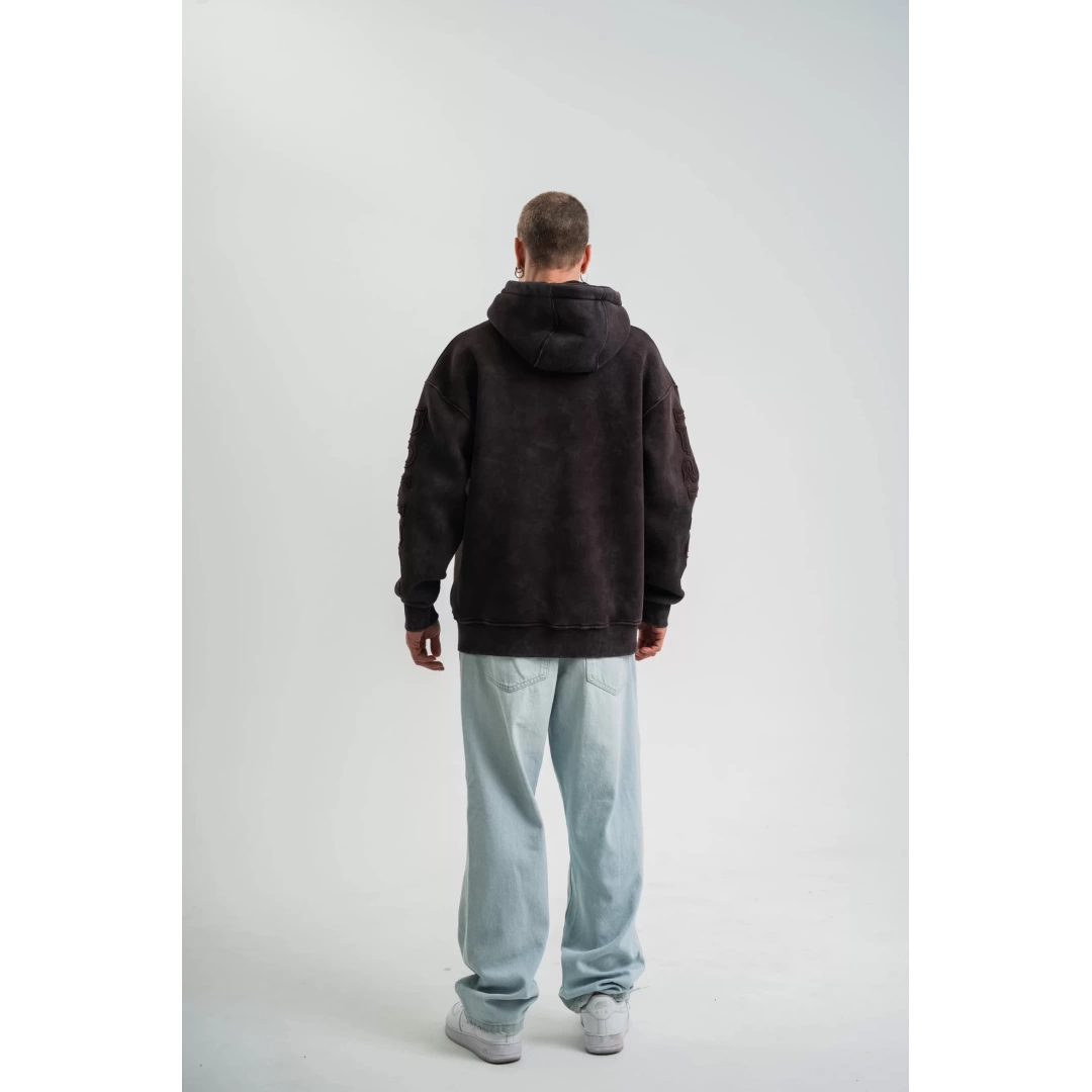 Kapşonlu Double Oversize Yıkamalı Evalı Nakışlı SweatShirt - Kahve