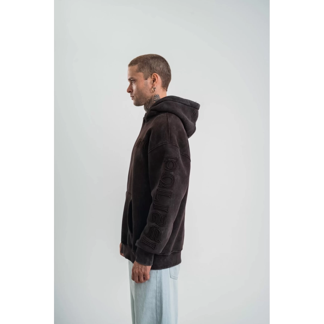 Kapşonlu Double Oversize Yıkamalı Evalı Nakışlı SweatShirt - Kahve