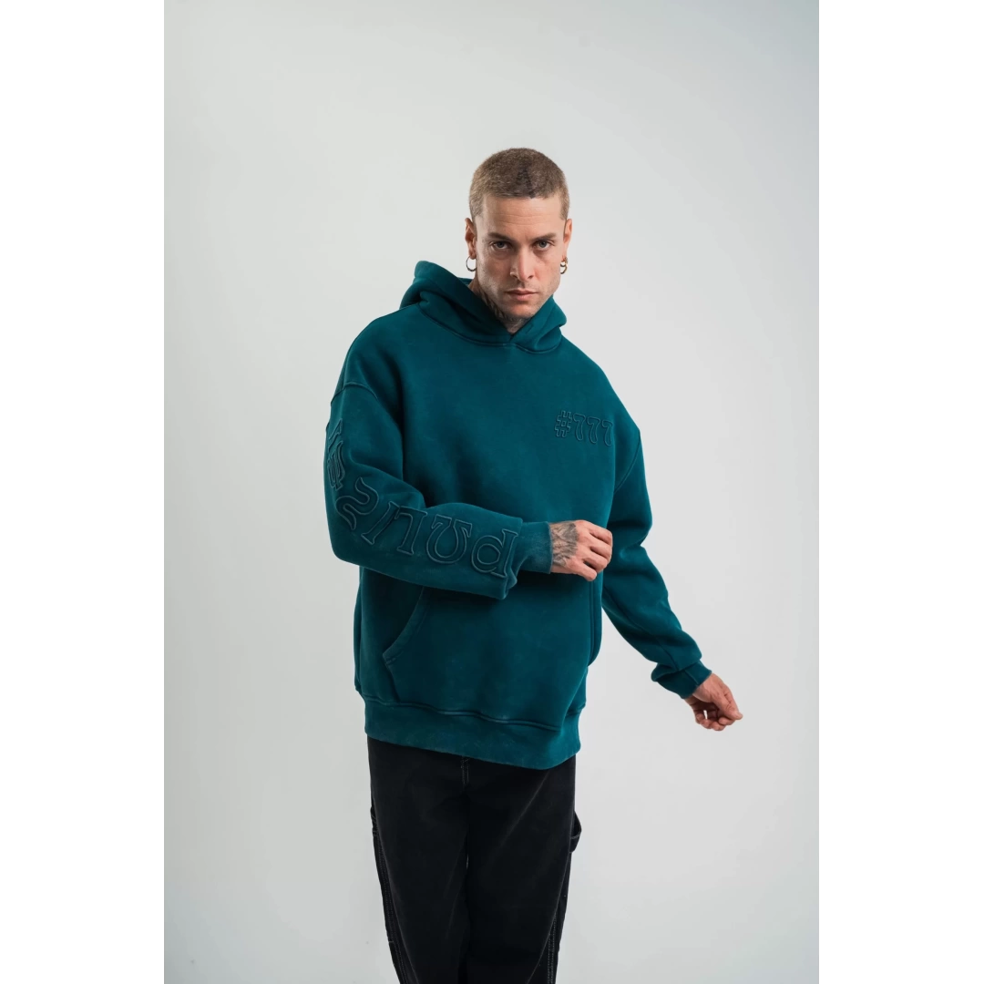 Kapşonlu Double Oversize Yıkamalı Evalı Nakışlı SweatShirt - Koyu Deniz Yeşili