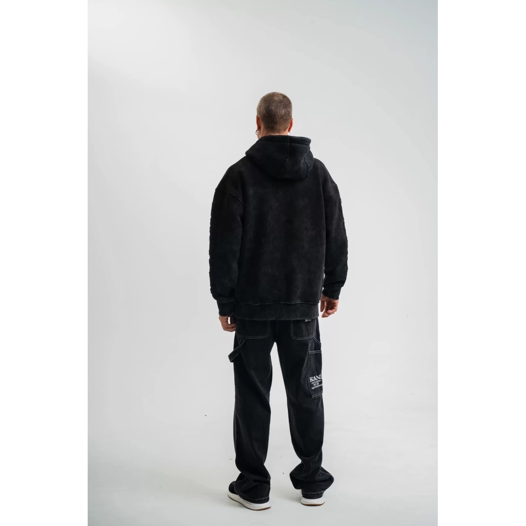 Kapşonlu Double Oversize Yıkamalı Evalı Nakışlı SweatShirt - Siyah