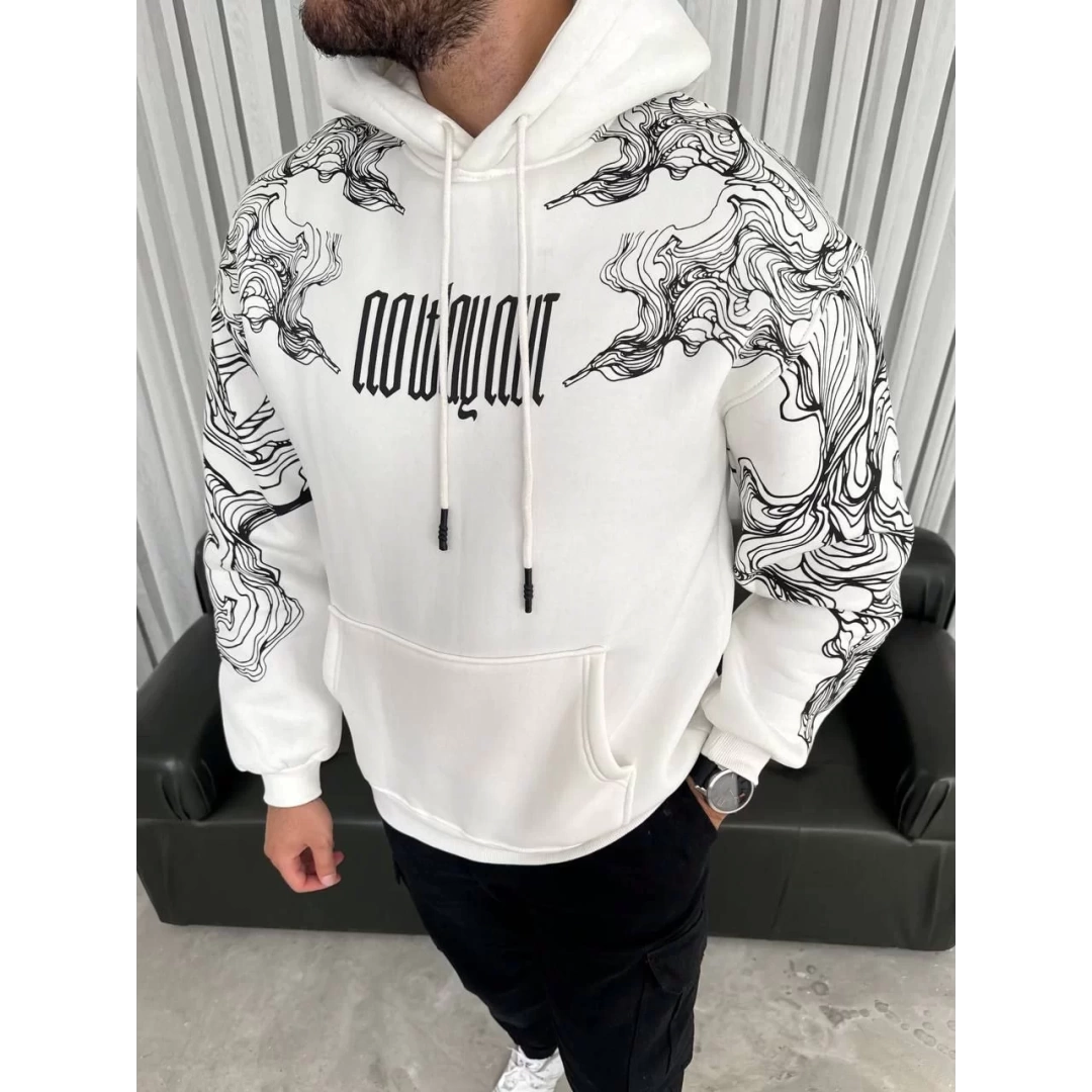 Kapşonlu Üç İplik Baskılı SweatShirt - Beyaz