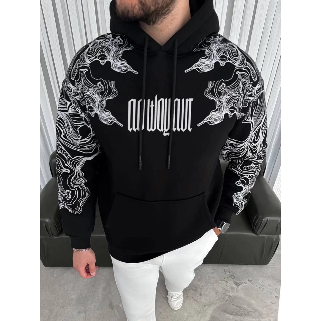 Kapşonlu Üç İplik Baskılı SweatShirt - Siyah