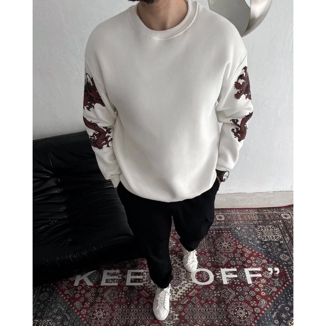 Kışlık Bisiklet Yaka Baskılı SweatShirt - Beyaz