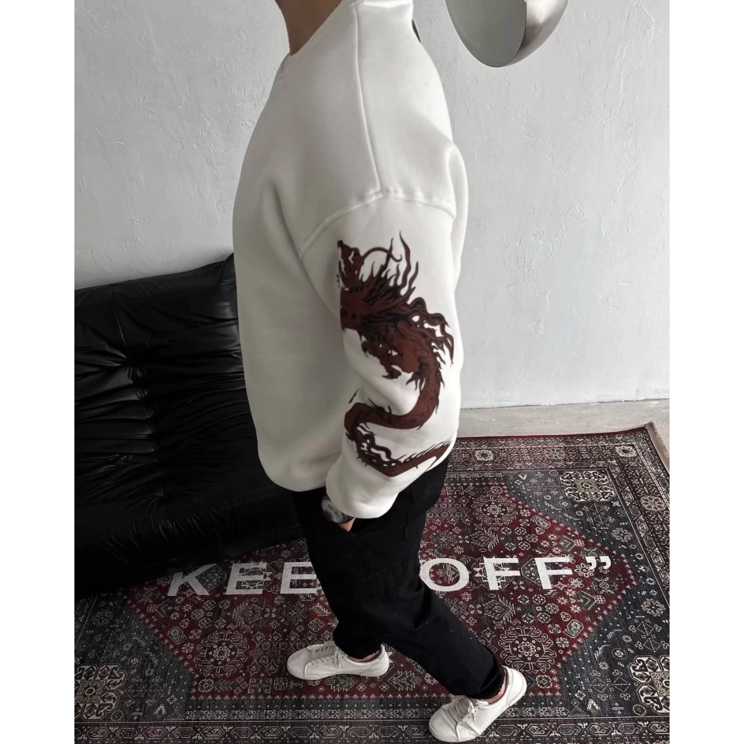 Kışlık Bisiklet Yaka Baskılı SweatShirt - Beyaz