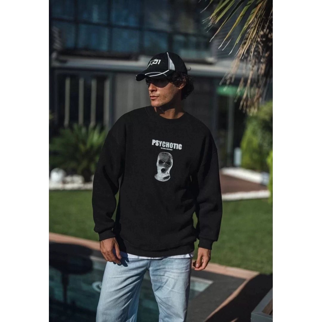 Kışlık Bisiklet Yaka Baskılı SweatShirt - Siyah