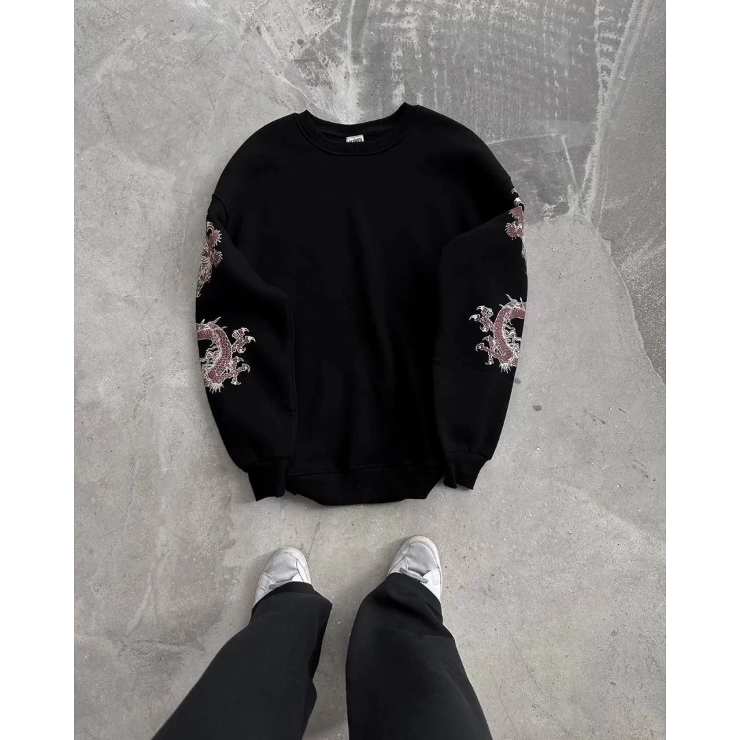 Kışlık Bisiklet Yaka Baskılı SweatShirt - Siyah