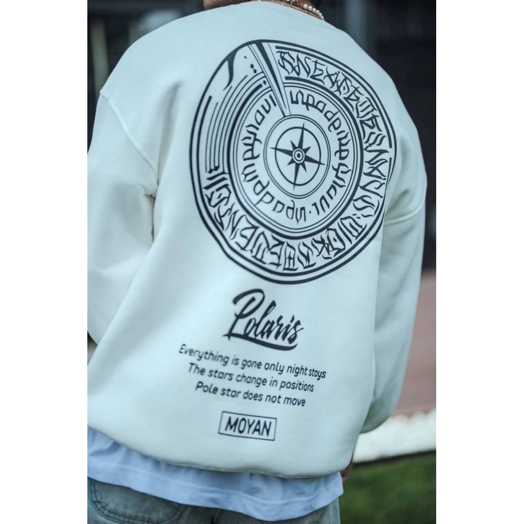 Kışlık Bisiklet Yaka Ön Ve Arka Baskılı SweatShirt - Beyaz