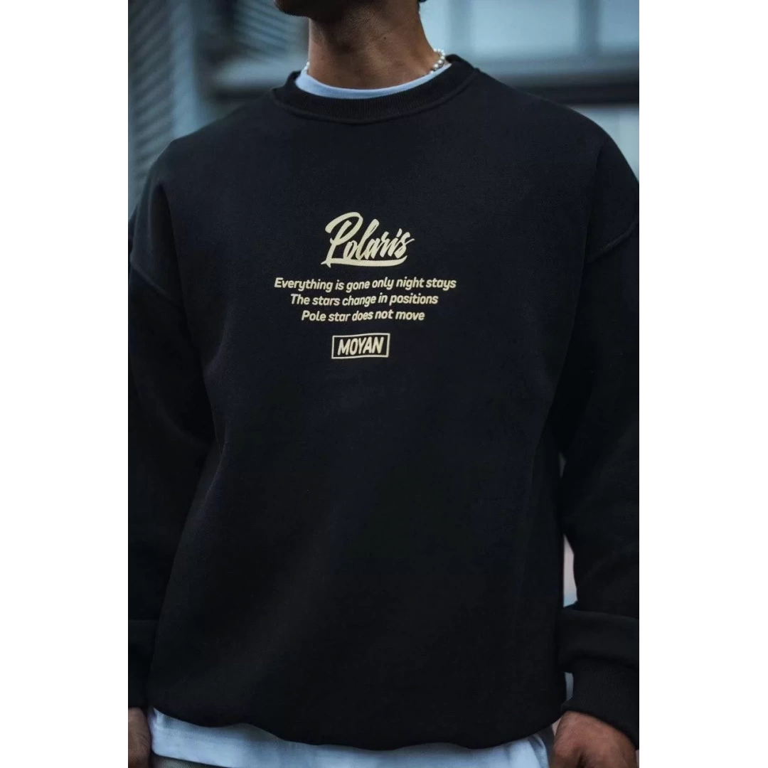 Kışlık Bisiklet Yaka Ön Ve Arka Baskılı SweatShirt - Siyah