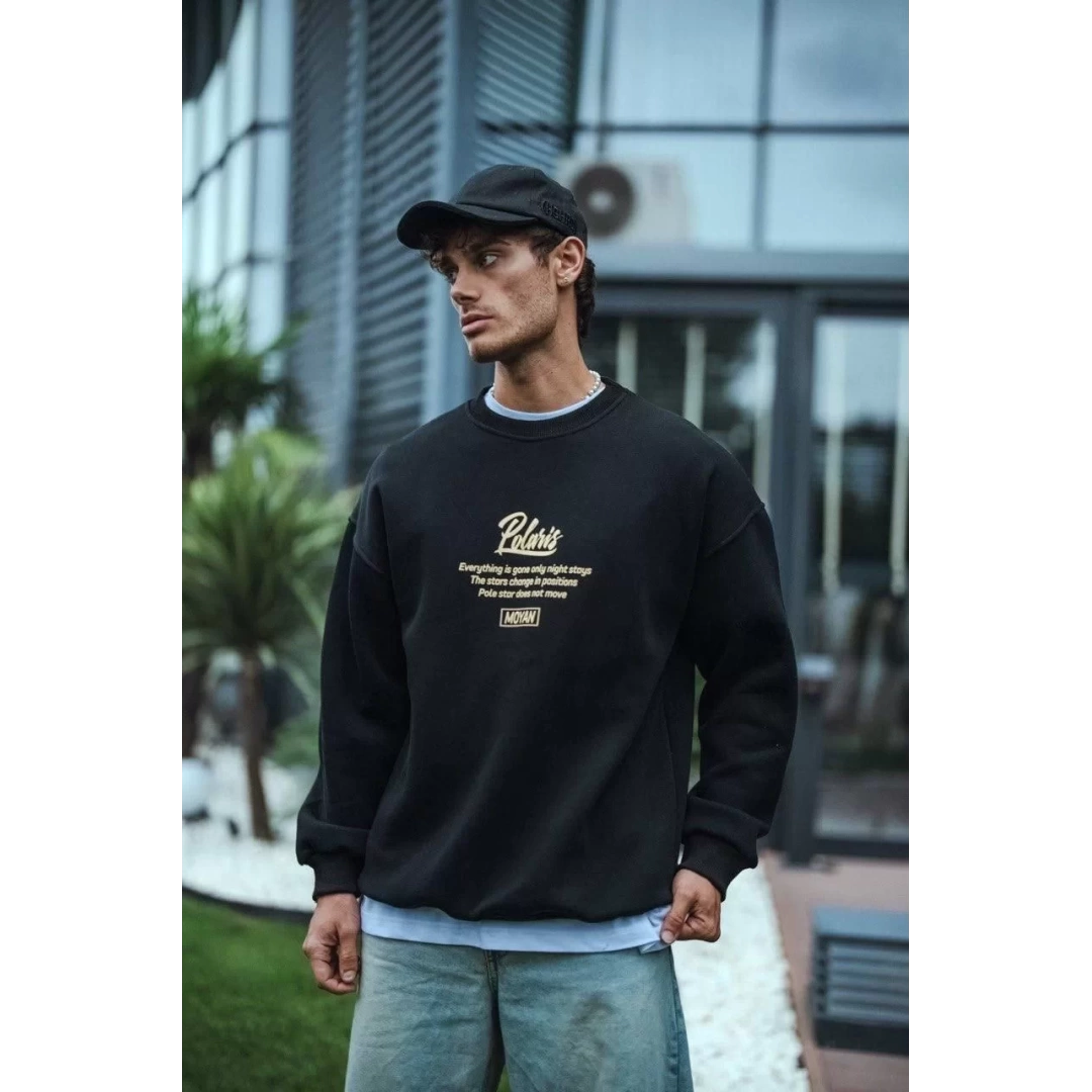 Kışlık Bisiklet Yaka Ön Ve Arka Baskılı SweatShirt - Siyah