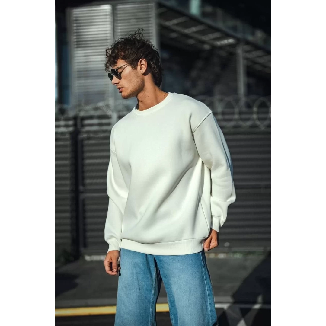 Kışlık Bisiklet Yaka Üç İplik Basic SweatShirt - Beyaz