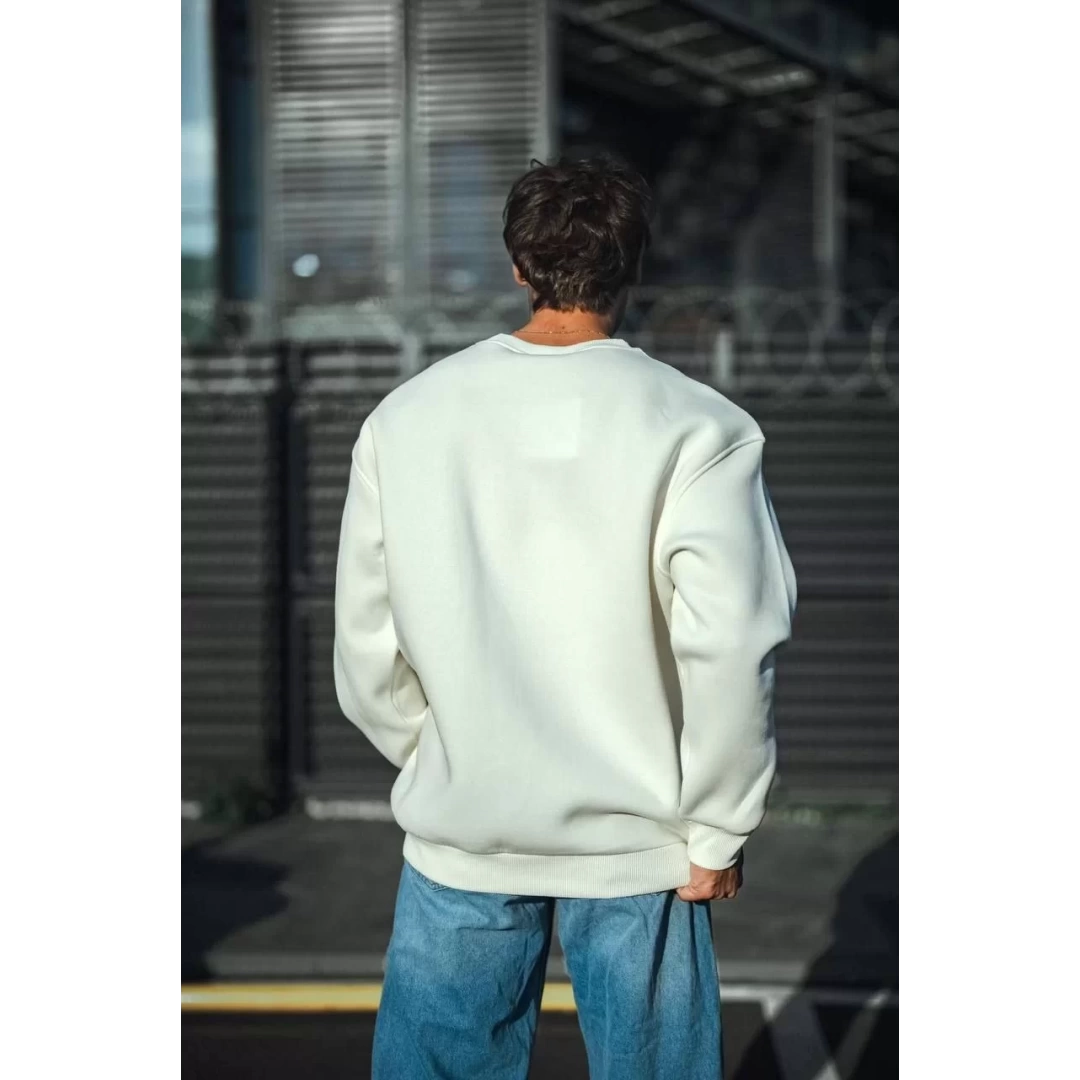 Kışlık Bisiklet Yaka Üç İplik Basic SweatShirt - Beyaz