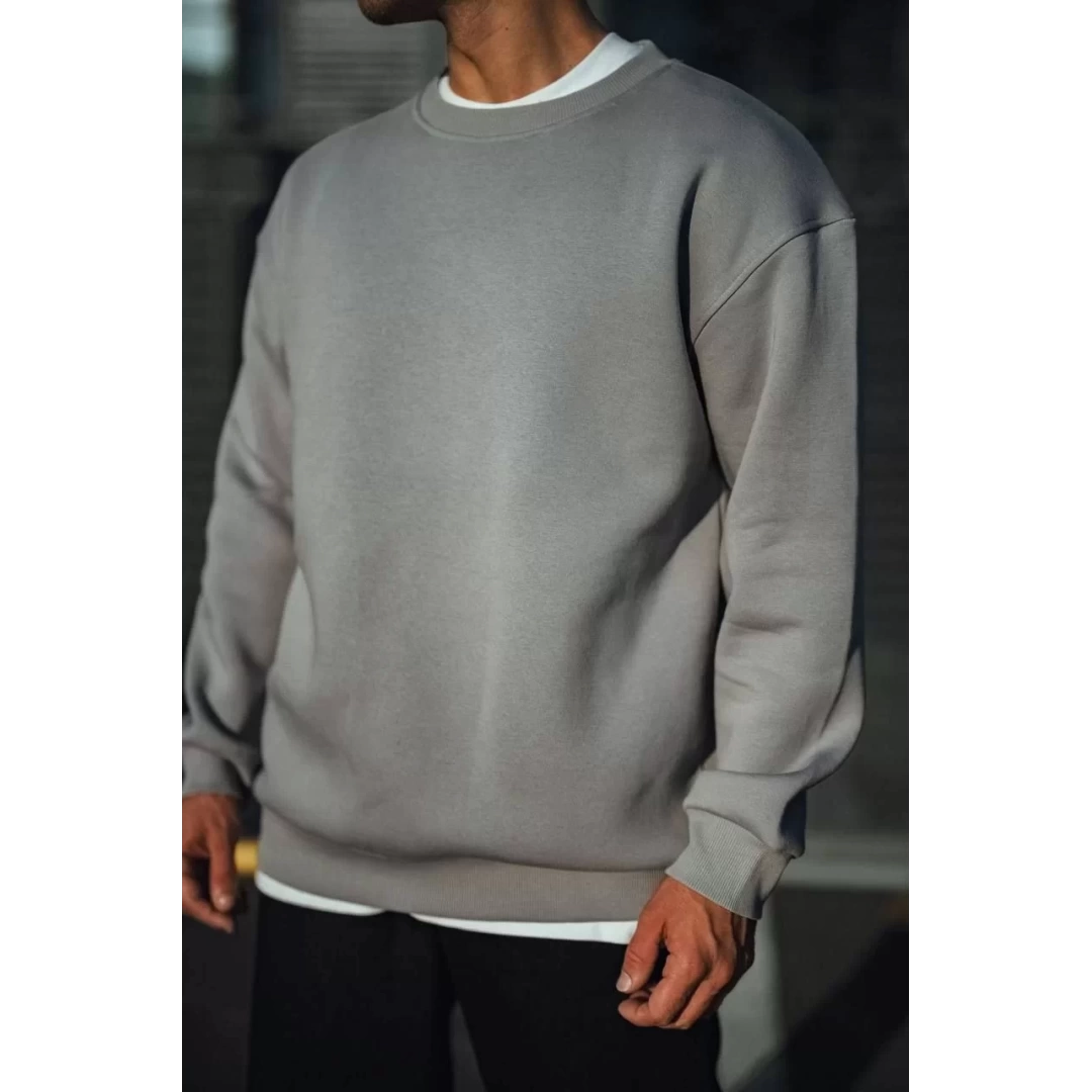 Kışlık Bisiklet Yaka Üç İplik Basic SweatShirt - Boyalı Gri